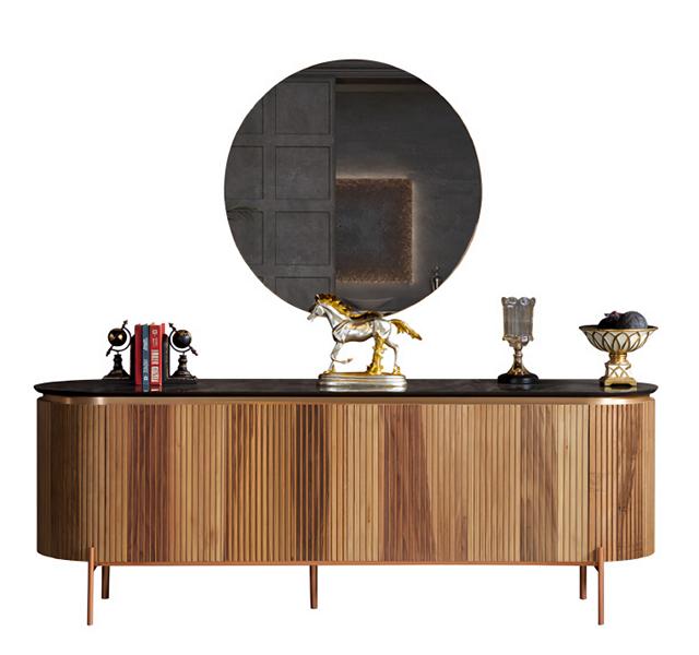 Elegant brown dresser with mirror, sturdy sideboard with drawer.