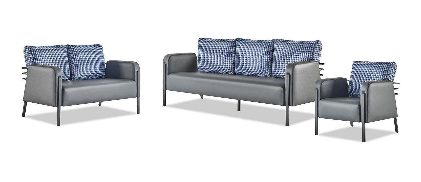 Modern sofa set 3-seater 2-seater armchair blue grey leather stainless steel
