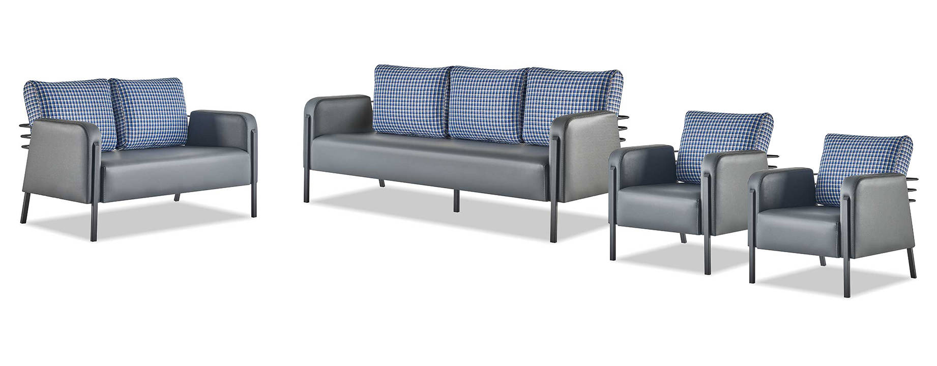 Complete Seating Furniture Set 3-Seater 2-Seater Armchair Gray Blue Leather Upholstery