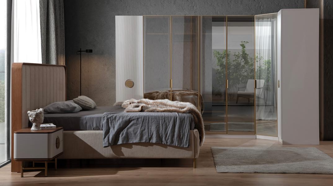 Modern bedroom set bed 2 nightstands corner wardrobe new bedroom