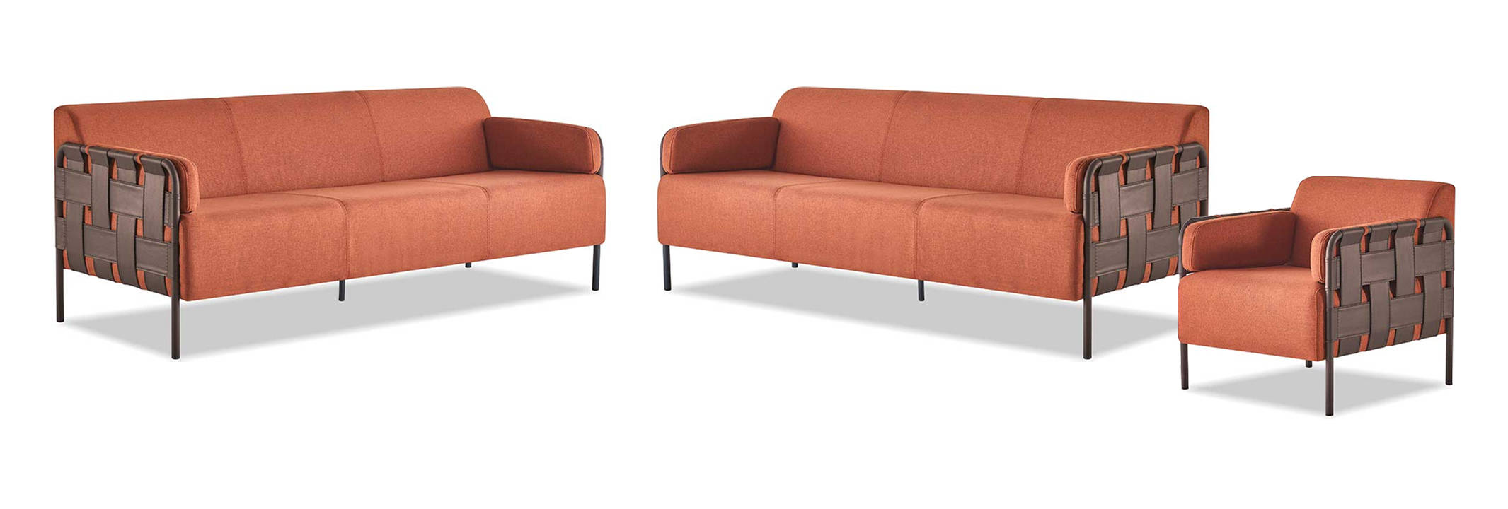 Leather sofa set modern complete sofas 3-seater armchair orange stainless steel