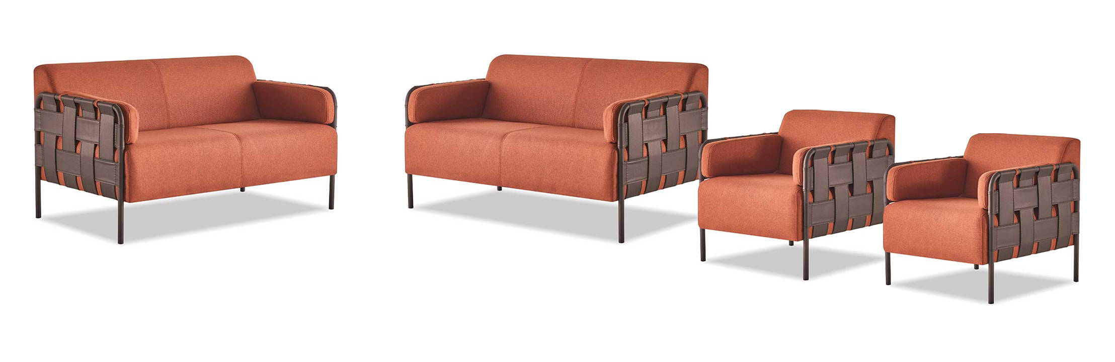 Sofa set 2-seater 2x armchairs orange modern fabric stainless steel sofa furniture