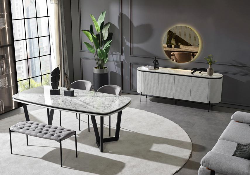 Timeless dining table with 2 chairs, comfortable stool, dresser with mirror, dining set.