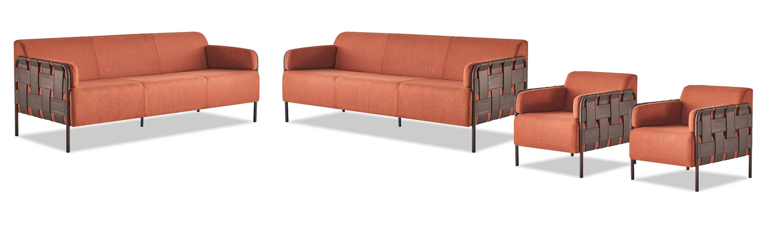 Complete Sofas 3-Seater 2x Armchairs Orange Couch Leather Textile Stainless Steel