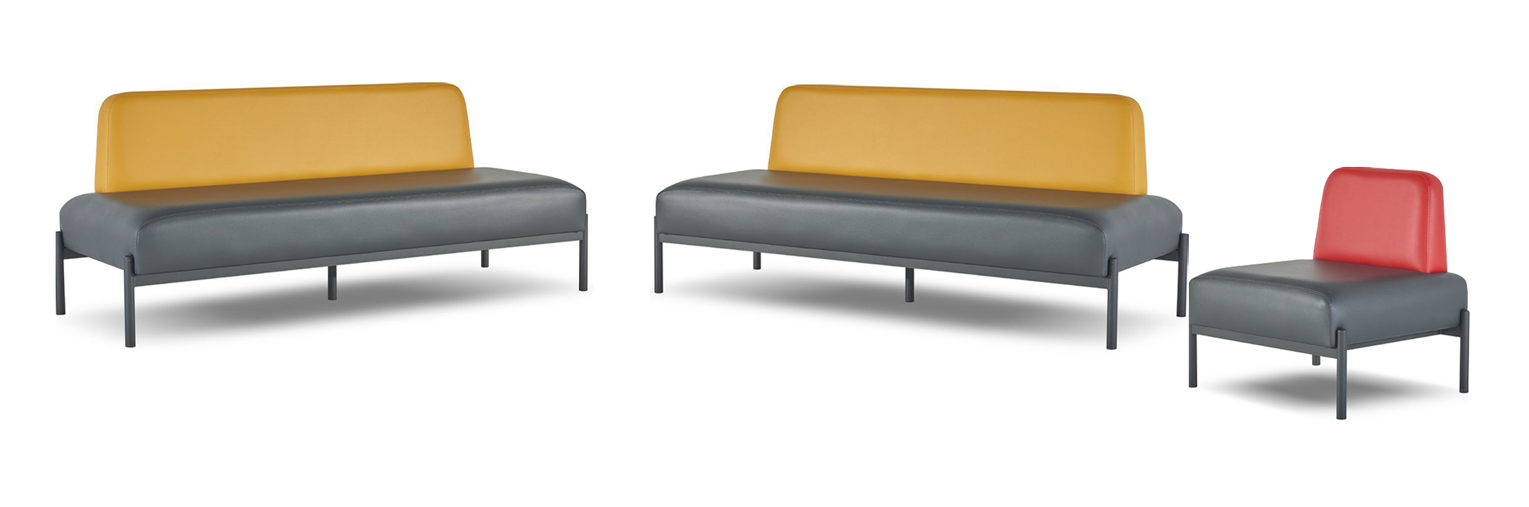 Ledesofas Yellow Red Art Deco Stainless Steel 3-Seater Armchair Black Leather Set