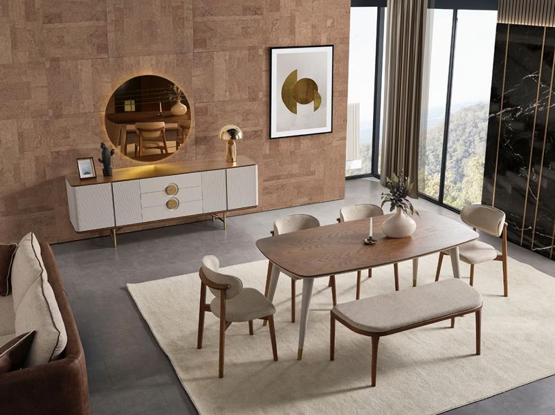 Elegant dining room set modern beige dining table 4 chairs stools dresser with mirror