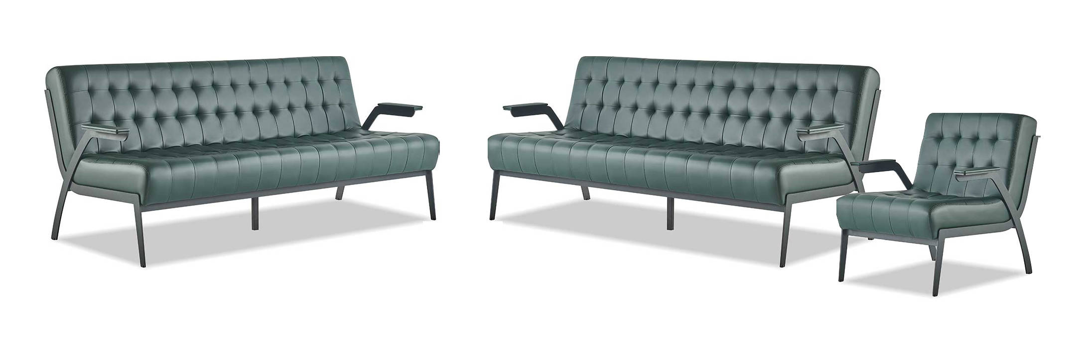 Sofa Set 3-Seater Armchair Green Stainless Steel Modern Leather Chesterfield