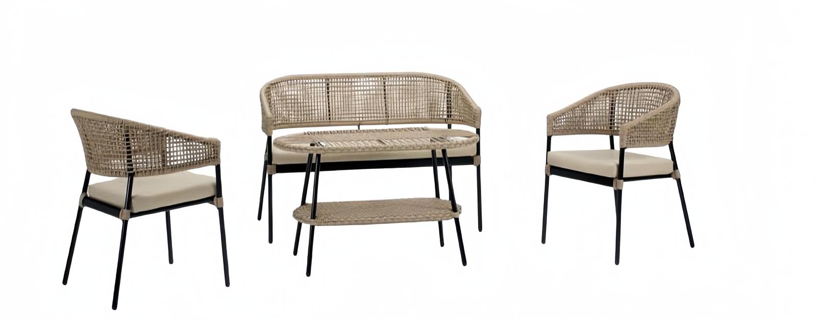 Sofa set Sofa 2-seater Luxurious rattan Modern 2x armchairs Coffee table Beige