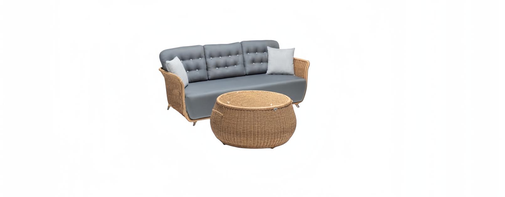 Set of 3-seater sofa in gray, coffee table, 3-seater sofas, rattan, luxury, modern