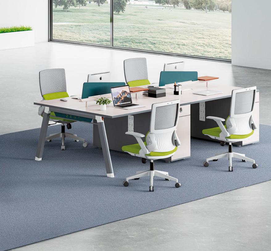 Gray work table designer desk for 4 people, elegant wooden tables.