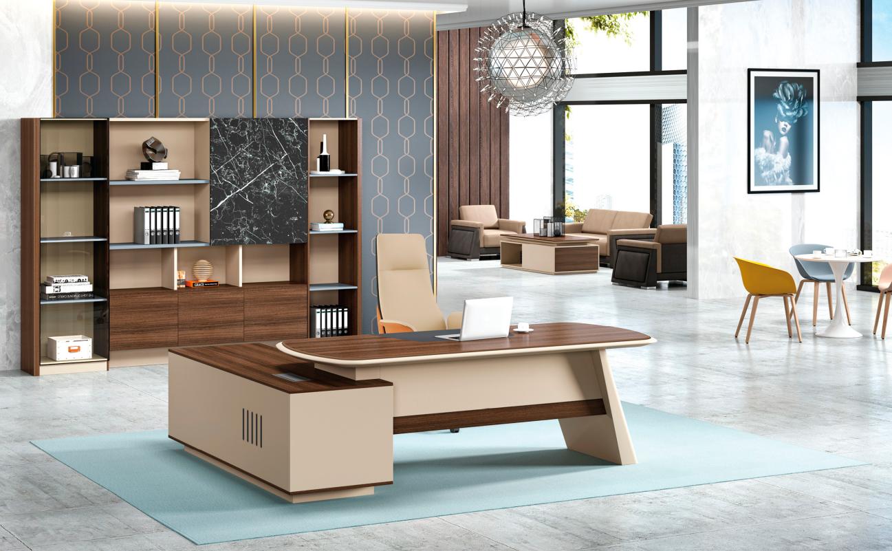 Office furniture set with desk, cabinet, wooden, brown, corner desk.