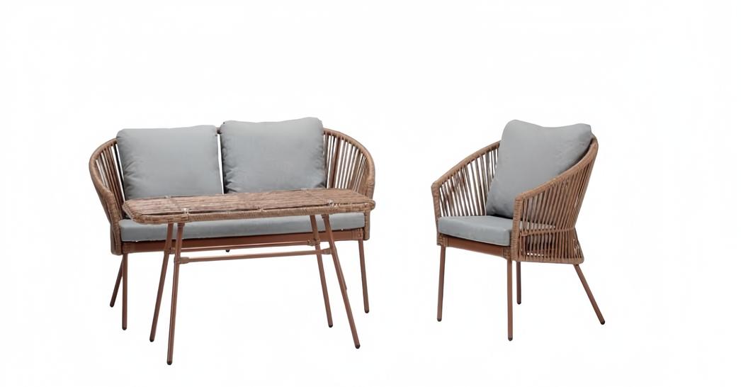 Sofa set, 2-seater sofa, luxurious rattan, modern brown armchair, coffee table.