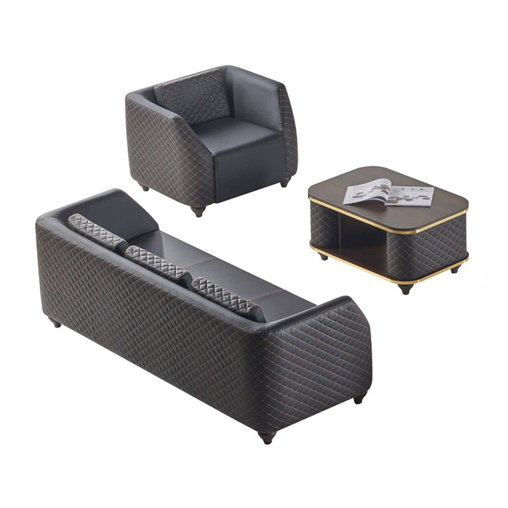 Sofa set 3-seater armchair coffee table black brown leather upholstery wood