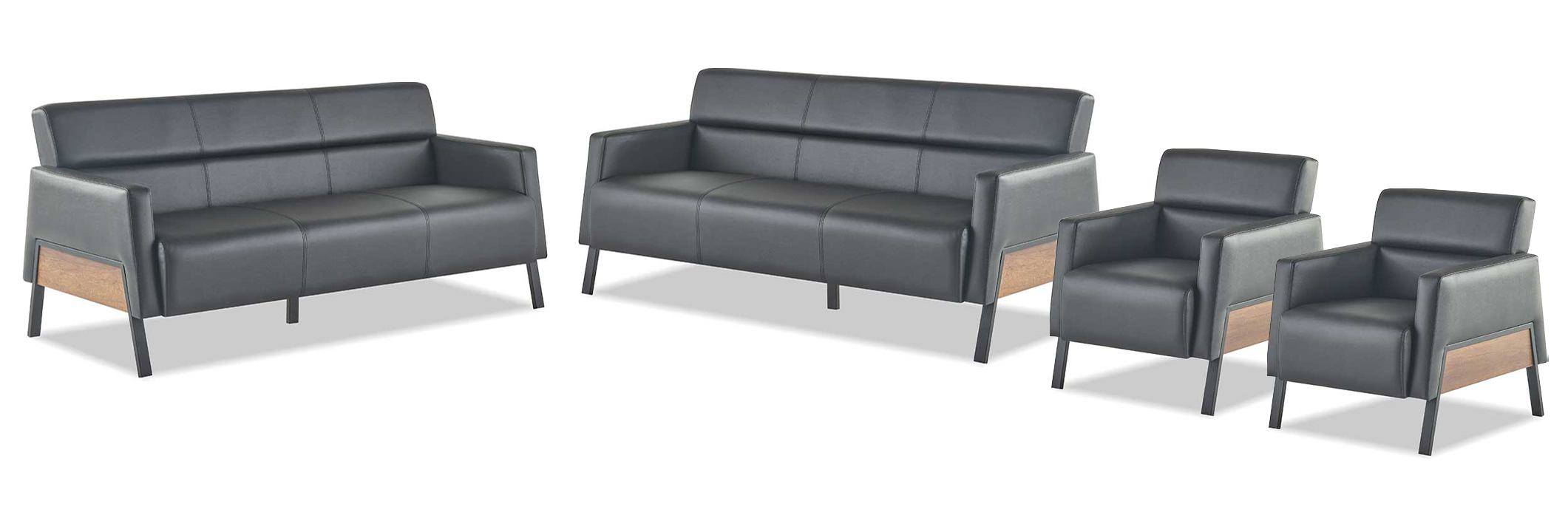 Sofa set 3-seater 2x armchairs black leather sofas modern leather wood soft