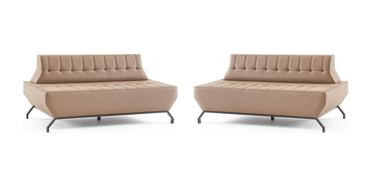 Leather sofa set 2-seater beige leather Art Deco style Chesterfield stainless steel