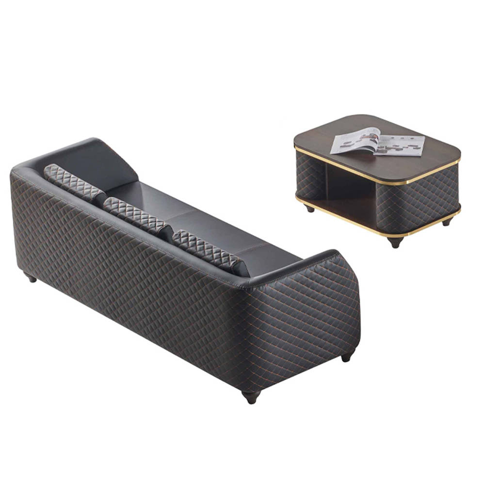 Leather Sofa Set 3-Seater Wood Coffee Table Black Brown Modern Leather