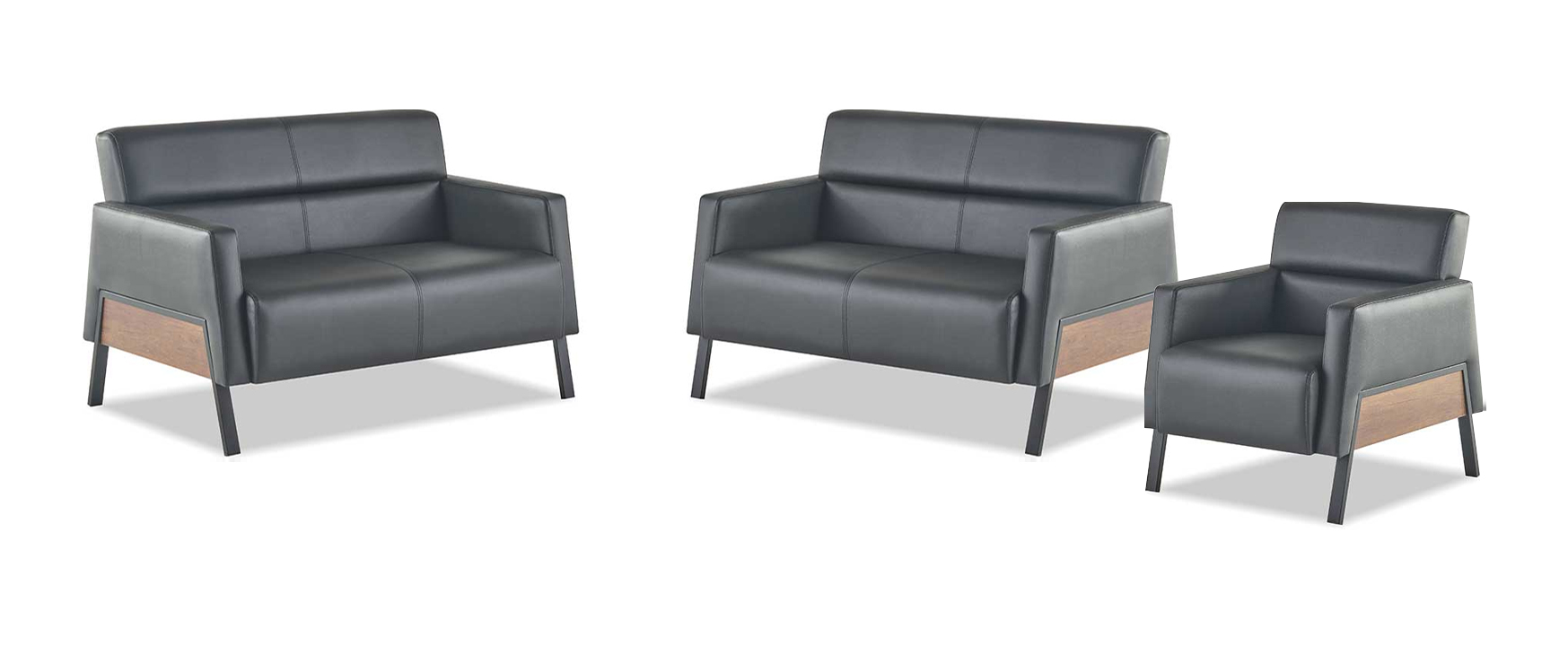 Modern set 2-seater armchair black leather sofas couch soft leather wood