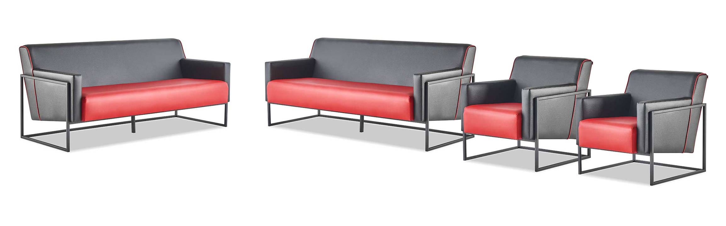 Sofa Set 3-Seater Armchair Black Red Leather Sofas Leather Stainless Steel Wood