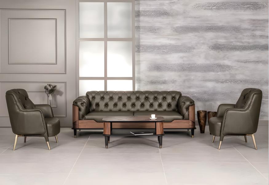 Luxury 3-seater sofa leather office set with 2 armchairs modern coffee table 4-piece new