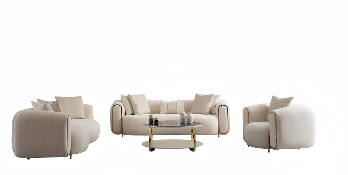 Luxury living room set sofa 3-seater armchair coffee table white stainless steel fabric