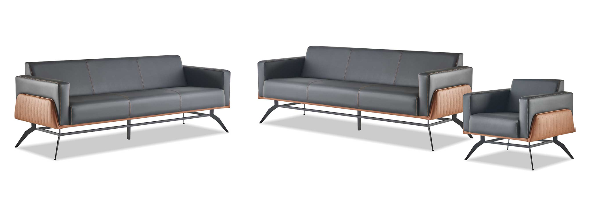 Sofa set seating furniture black brown 3-seater armchair leather sofas stainless steel wood