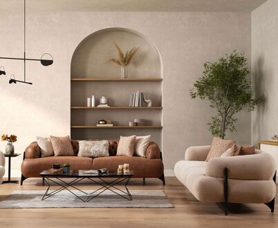 White-brown sofa set designer upholstered seating furniture exclusive couches