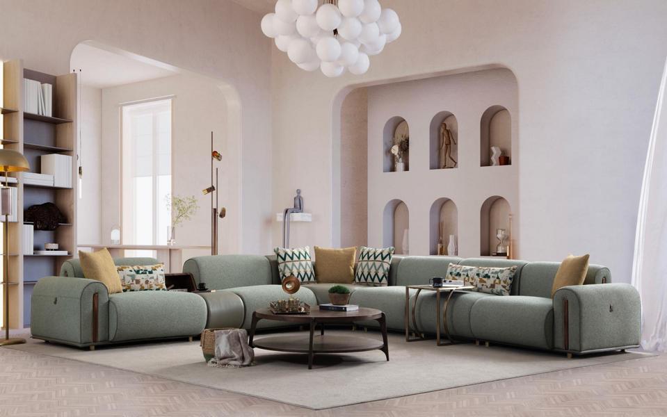 Light green textile sofa living room L-shaped corner couch designer upholstered furniture