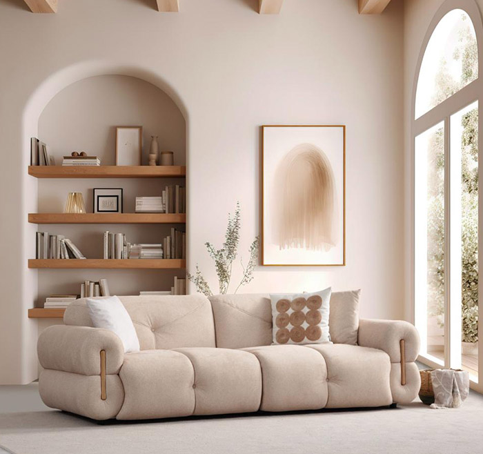 Stylish beige three-seater living room upholstered sofa elegant seating furniture