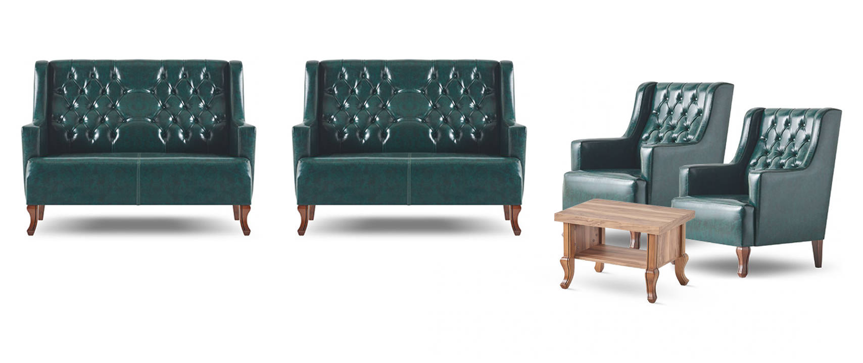 Classic Green Chesterfield Sofa Set 2-Seater Armchair Coffee Table Leather