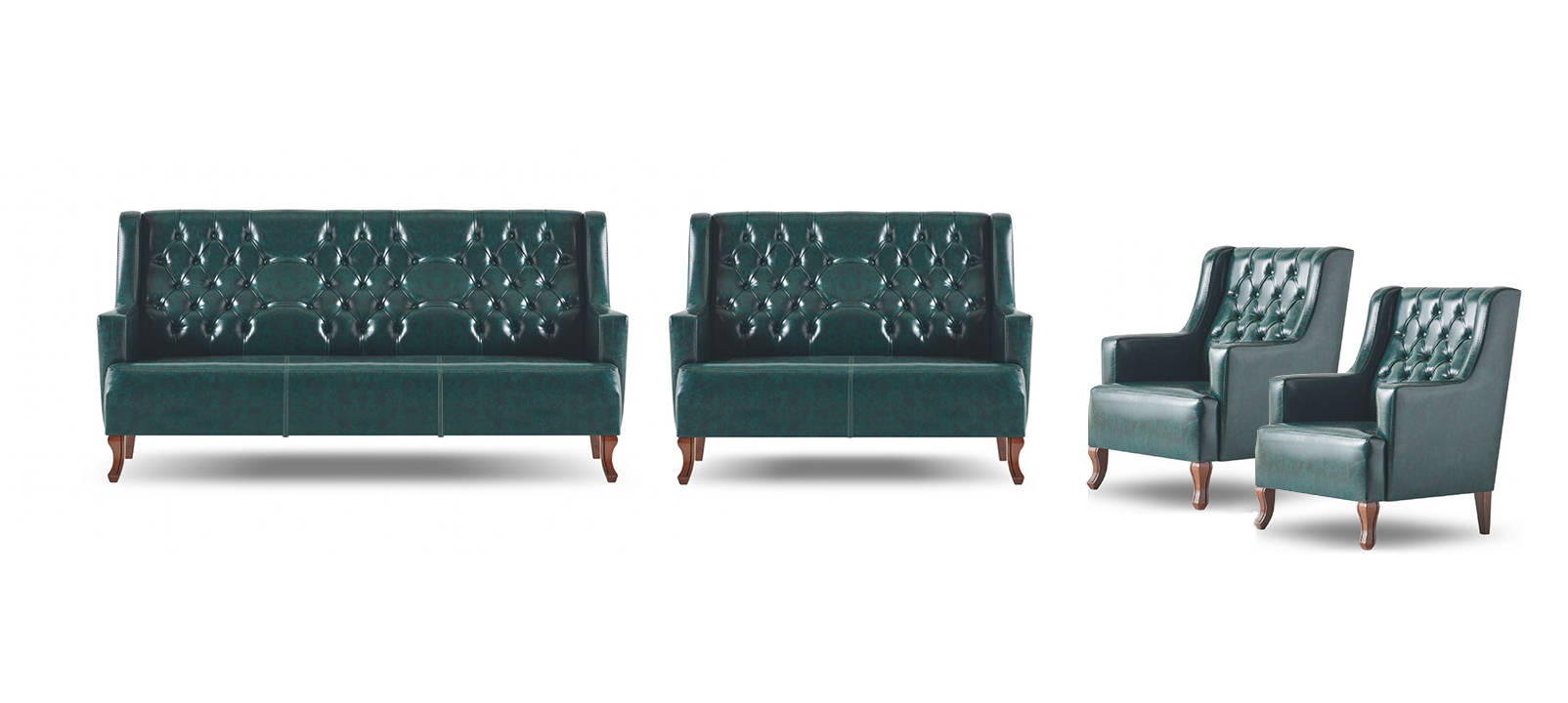 Chesterfield Green Classic Sofa Set Leather 3-Seater Armchair 2-Seater Wood