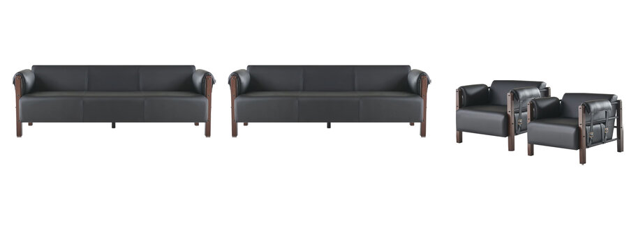 Couch Sofas Seating Furniture Wood 3-Seater 2x Armchairs Black Leather Sofa 4-piece set.