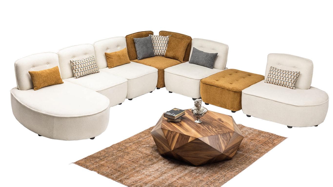 Design living room L-shaped corner sofa in beige made of premium textile living landscape.