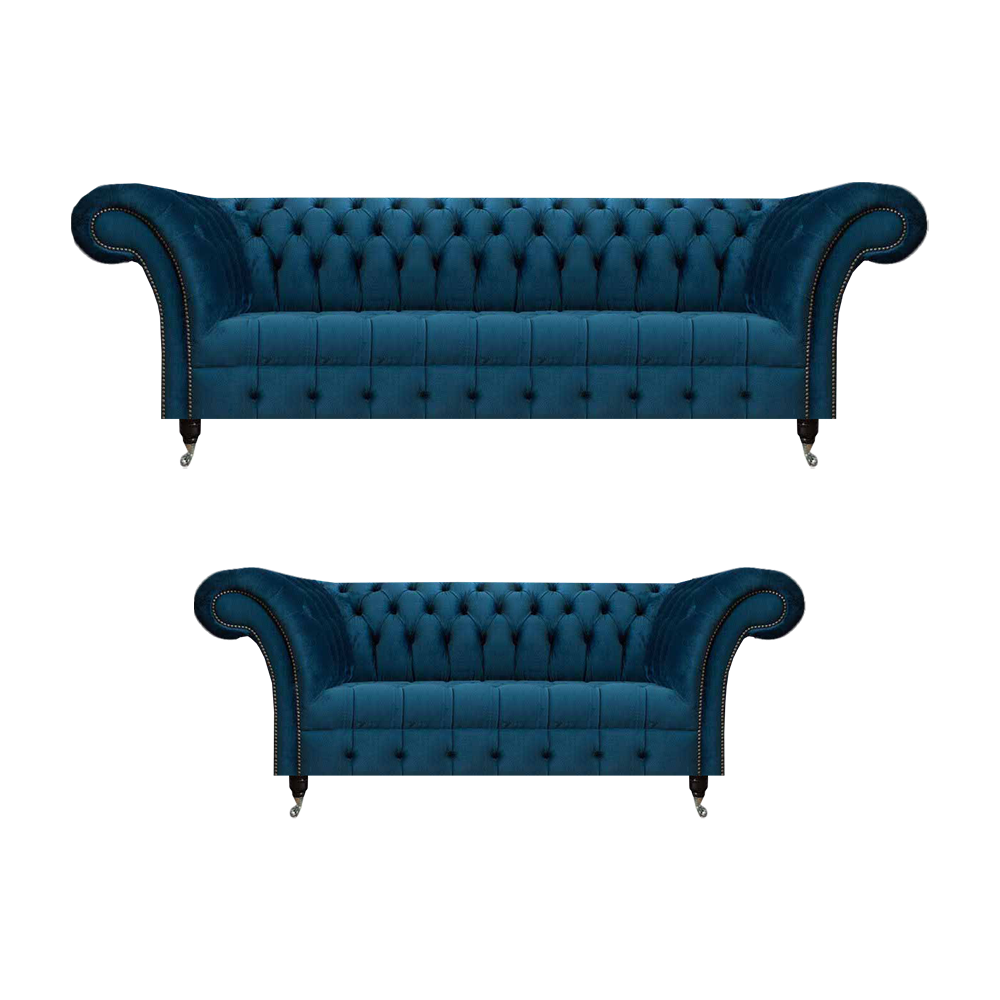 Luxurious Blue Chesterfield Fabric Sofa Set 3-Seater Couch Two-Seater