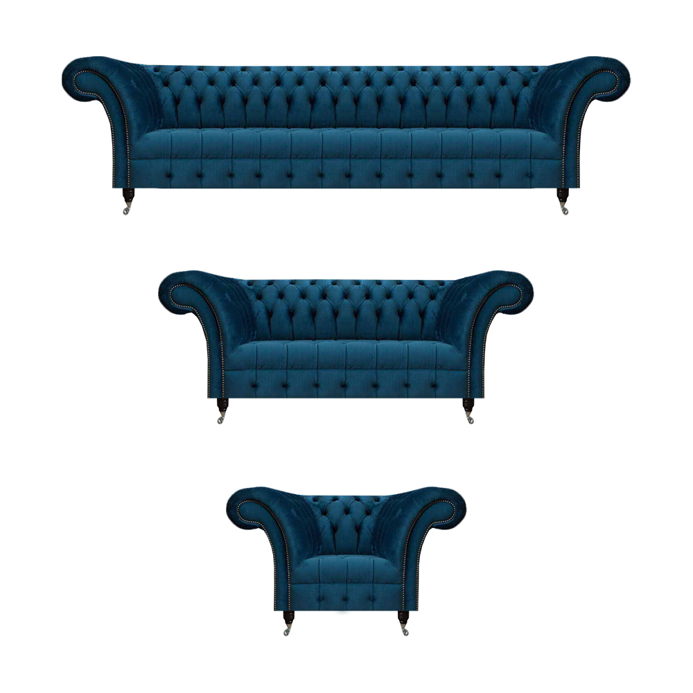 Luxurious Chesterfield Blue Upholstery Suite Designer Fabric Sofas Armchairs