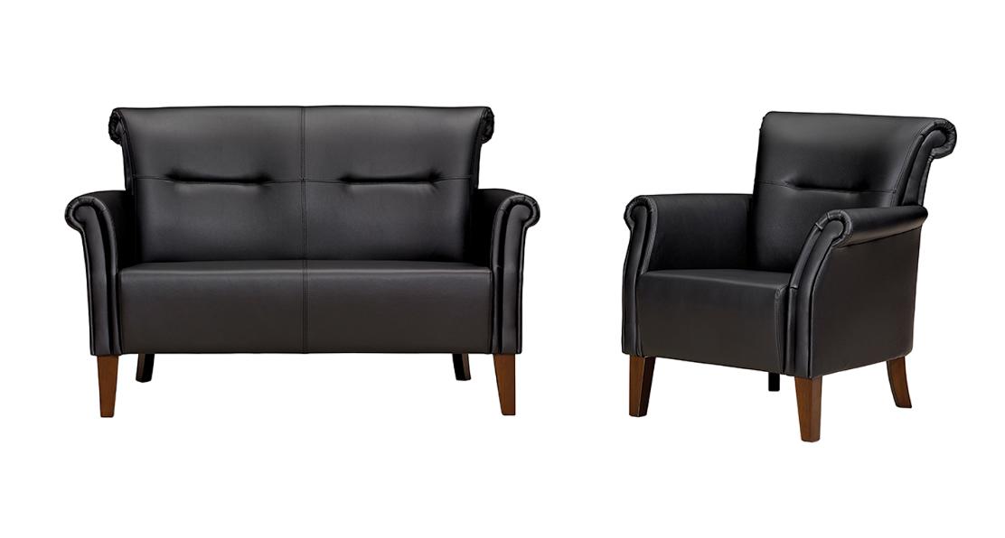 Sofa Set Black 2-Seater Armchair Modern Leather Sofas Complete Wood