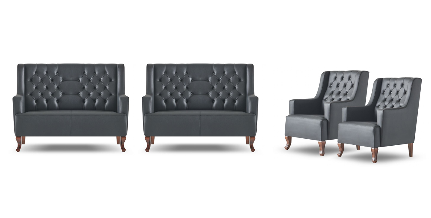 Complete Chesterfield Sofa Set Black 2-Seater Armchair Leather Seating Furniture