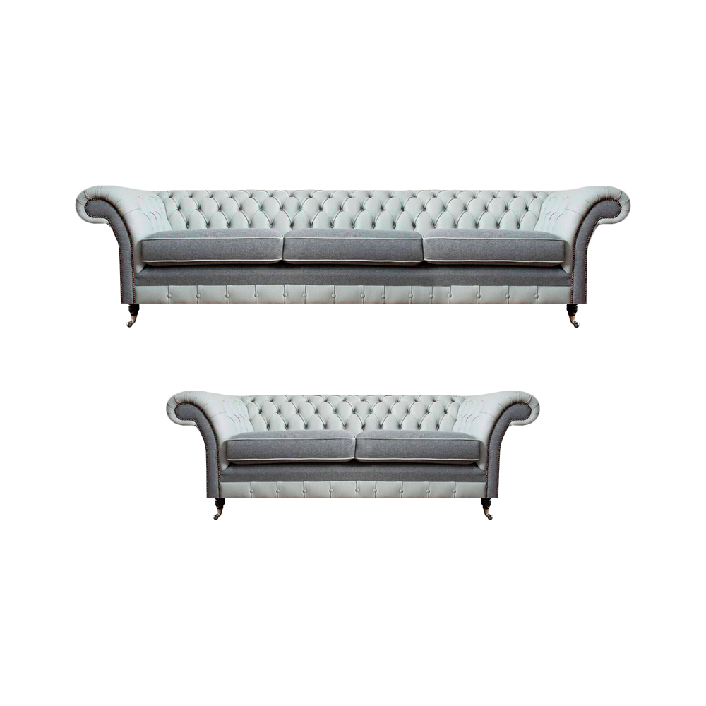 Sofa set 2x Chesterfield sofas gray leather upholstered furniture design set