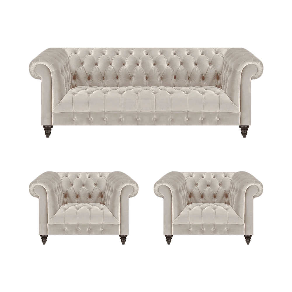 Stylish Chesterfield sofa set Modern textile sofa 2x armchairs