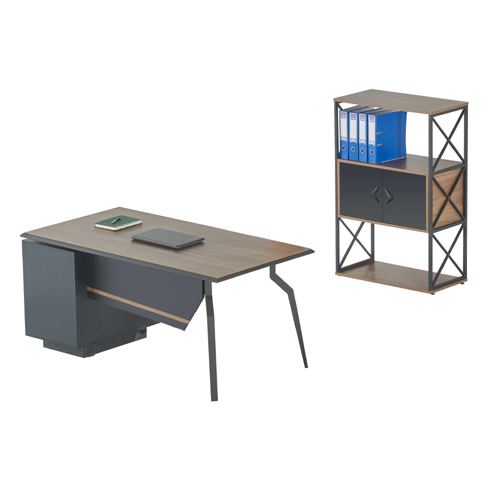 Brown-gray office furniture, wooden desk, filing cabinet, 2 pieces.