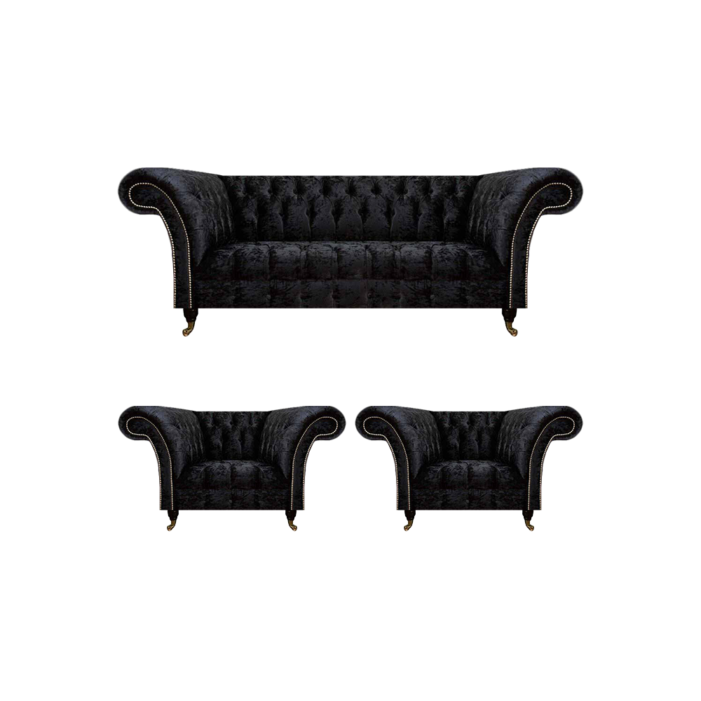 Designer Black Chesterfield Suite Elegant Armchairs Upholstered 3-Seater