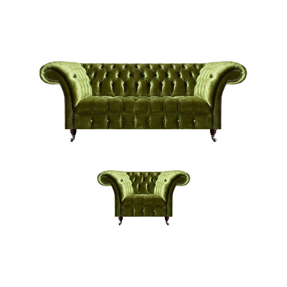 Green sofa set 2-piece textile set armchair with three-seater sofa seating group