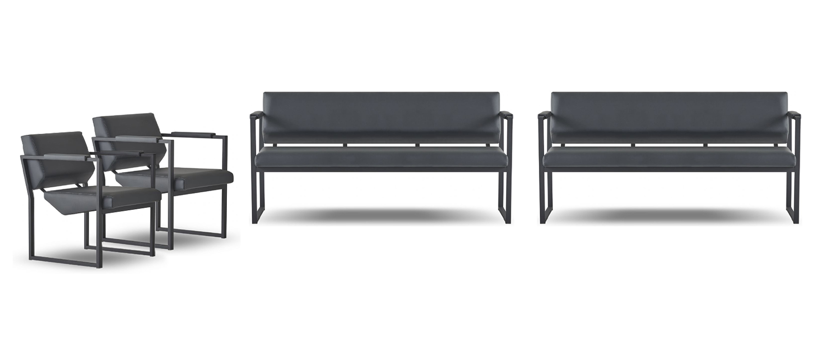 Black study set elegant 3-seater 2x leather armchairs 4-piece suite