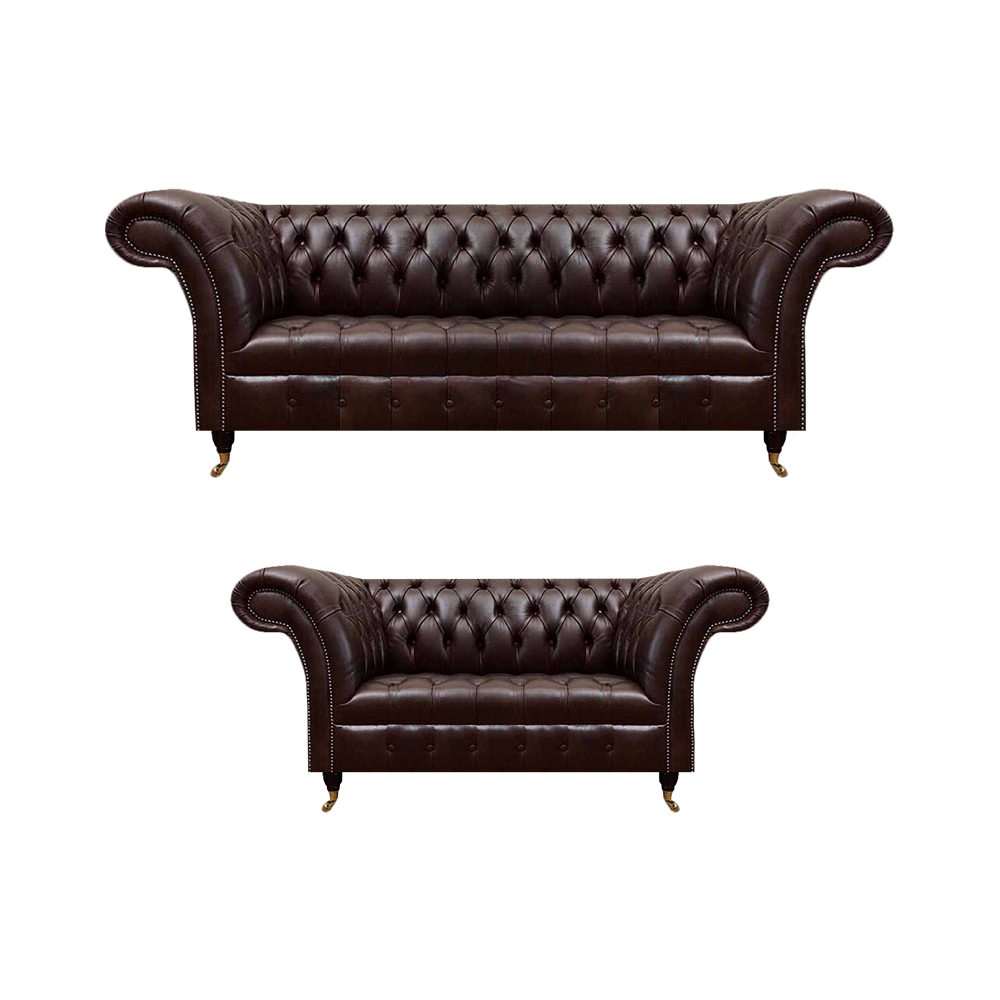 Dark brown Chesterfield leather furniture Modern leather sofas armchairs 2-piece set
