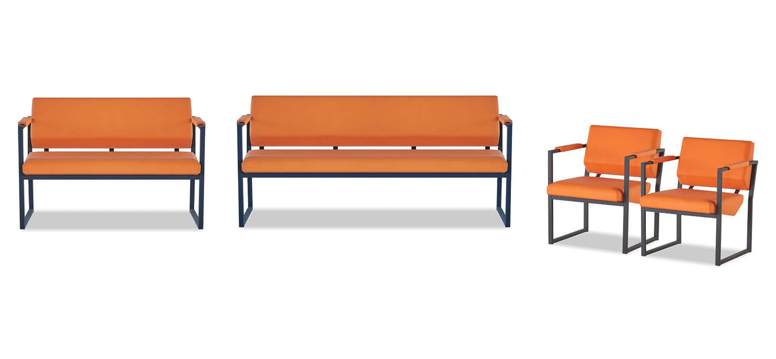 Orange artificial leather office furniture 3-seater, 2-seater, 2x armchairs.