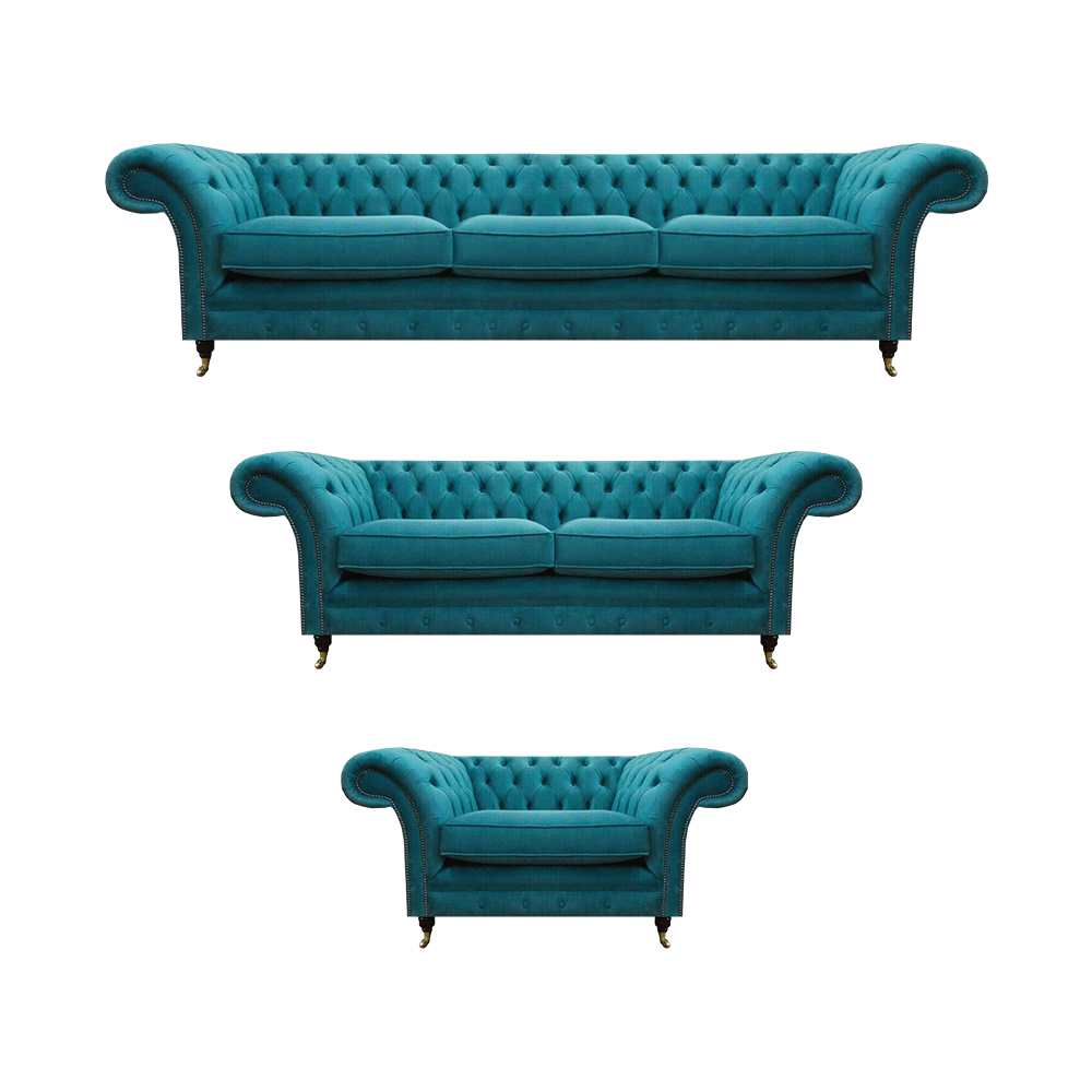 Living Room Blue Sofa Set 3-Piece Chesterfield Luxurious Modern Furniture