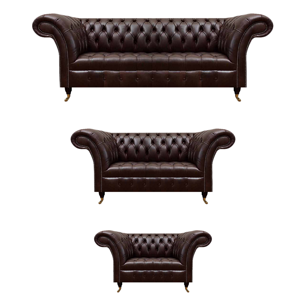 Luxury Chesterfield Brown Leather Sofa Set Living Room Upholstered Furniture