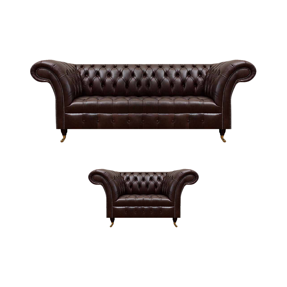 Dark brown Chesterfield suite modern three-seater upholstered armchair