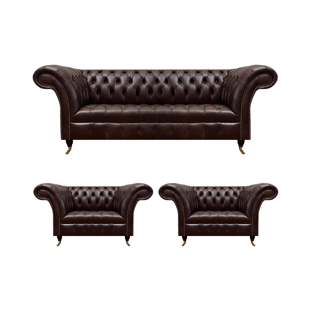 Dark brown Chesterfield sofa set complete couch and armchair set 3 pieces