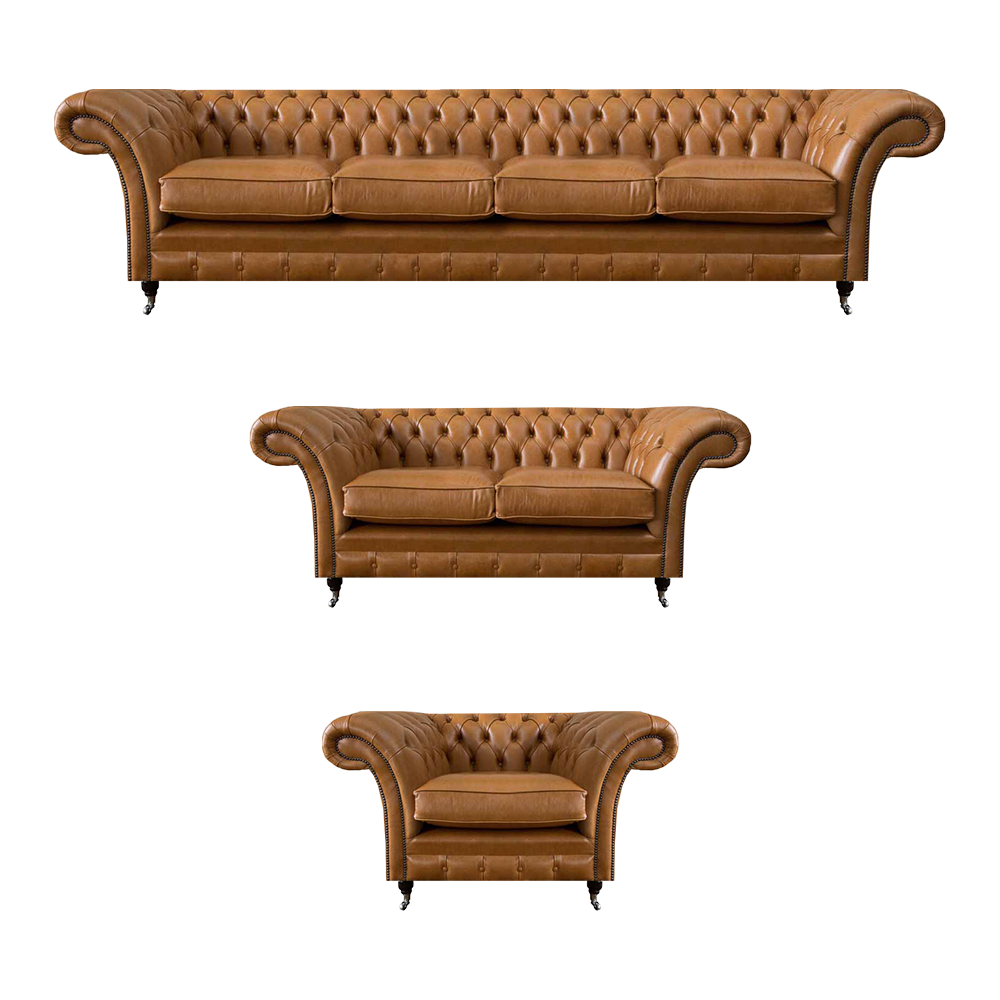 Chesterfield Brown Sofas Complete 4+2+1 Seater Living Room Sofa Set