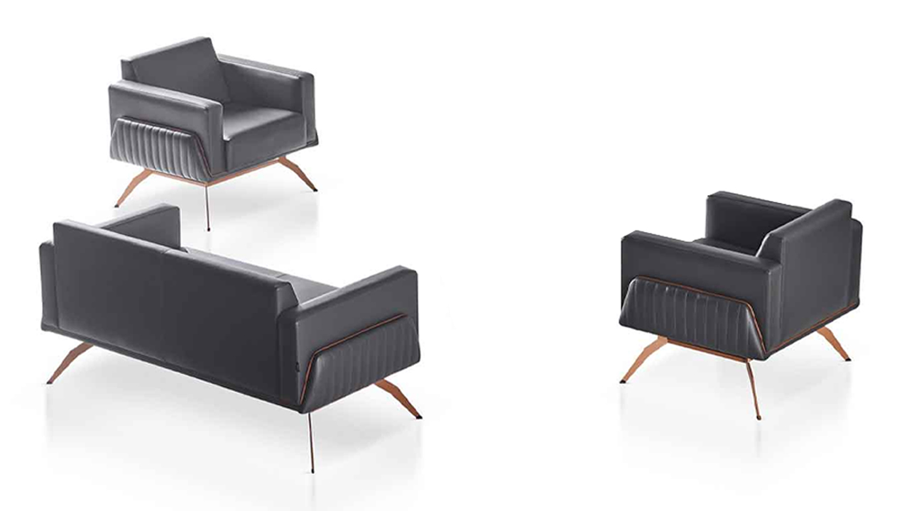 Sofa set 3-piece 2-seater with 2 armchairs gray solid color modern office room